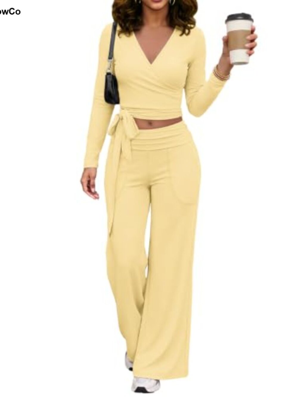 2 Piece Workout Set Long Sleeve Crop Top Wide Leg Leggings Yoga Gym